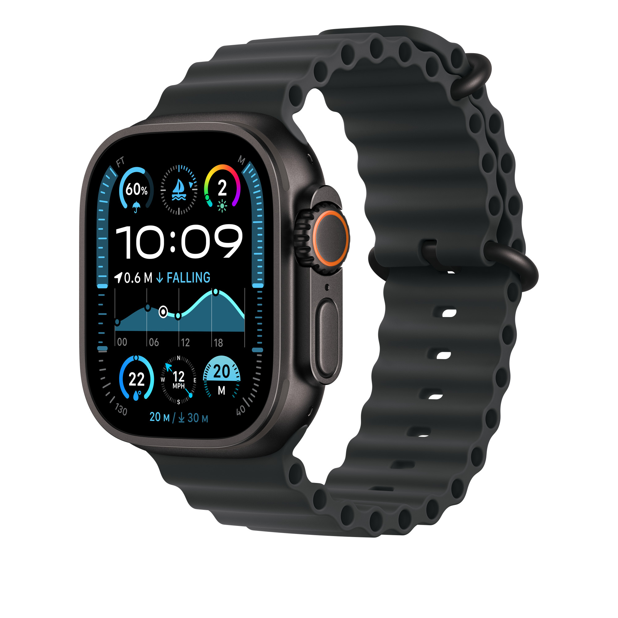 Czarny Apple Watch Ultra wyświetlający dane. Pasek jest czarny.
