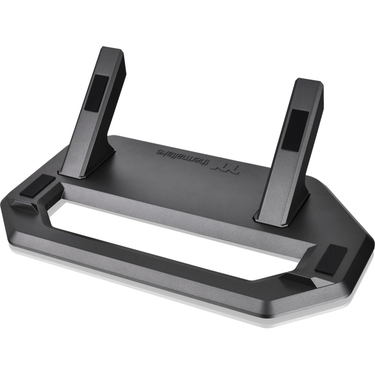 Supporto per laptop Thermaltake nero con due bracci di supporto angolati e una base rettangolare, su sfondo bianco.