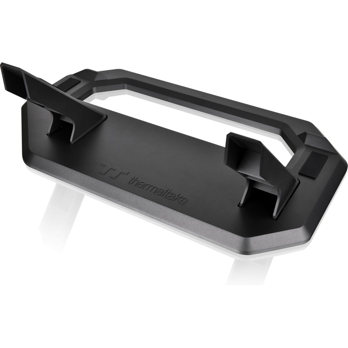 Supporto per computer nero con due supporti e il logo Thermaltake.