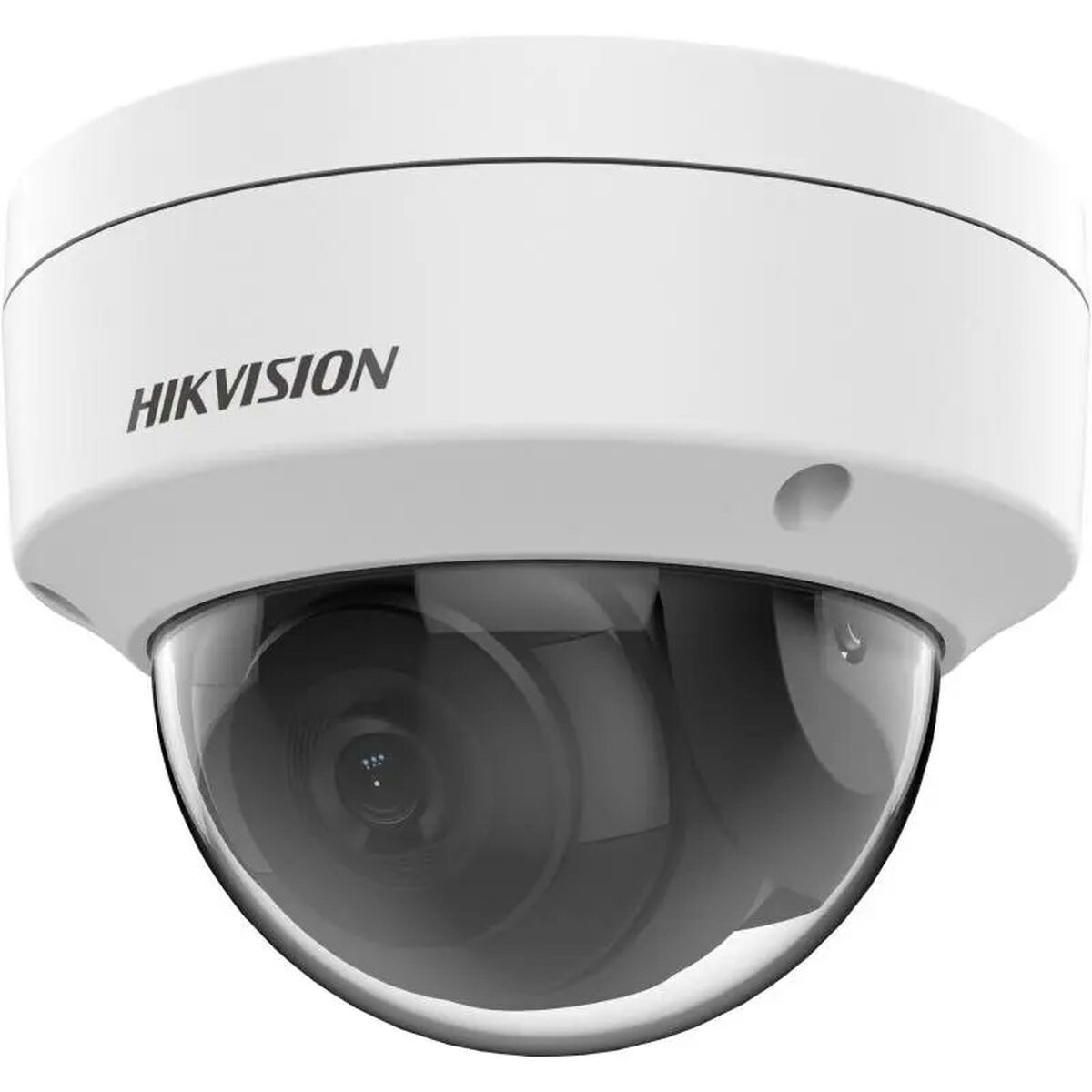 Biała kamera bezpieczeństwa w kształcie kopuły z nadrukiem „HIKVISION”. Posiada przezroczysty, czarny obiektyw.
