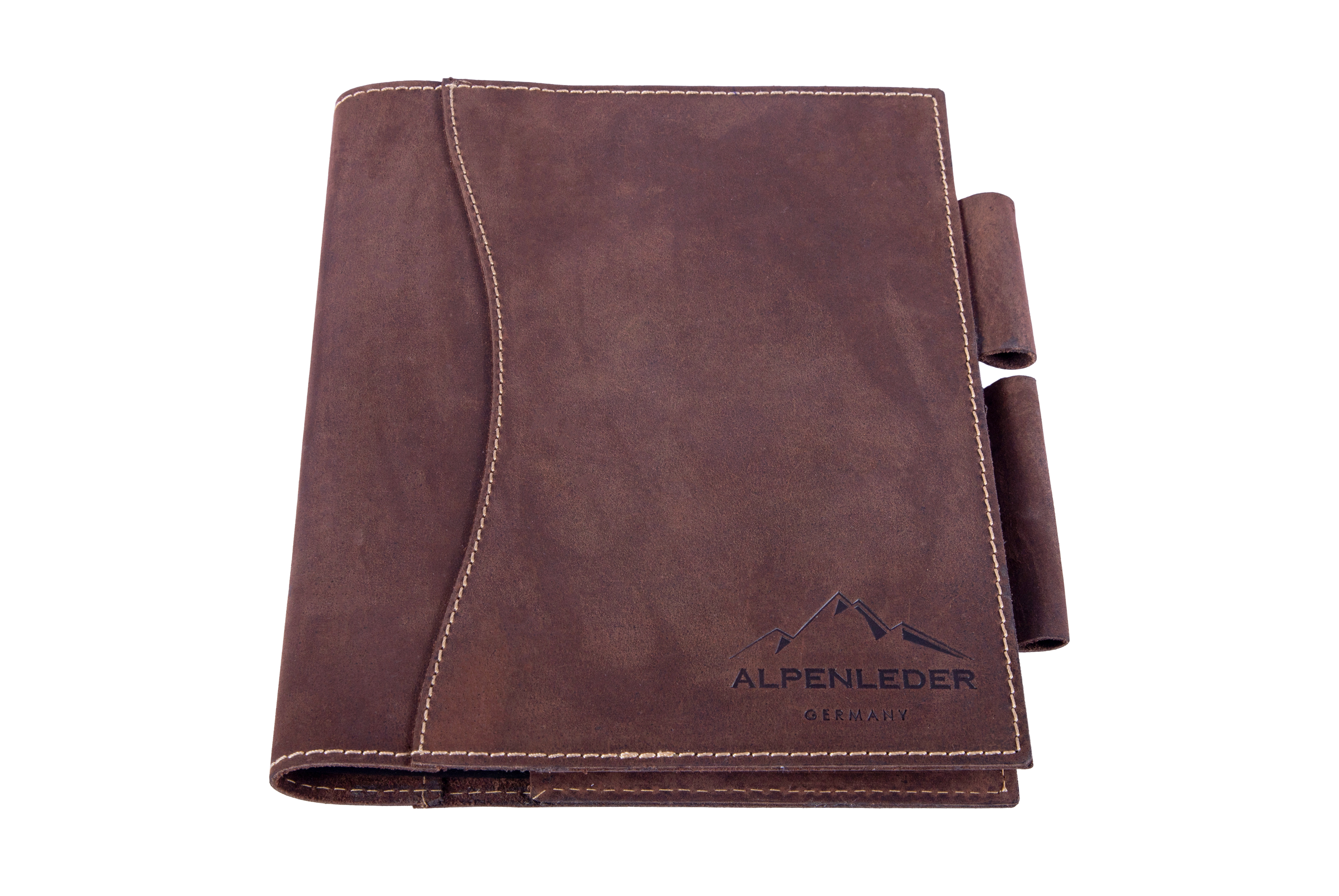 Braunes Leder-Notizbuch mit dem Alpenleder Germany Logo.