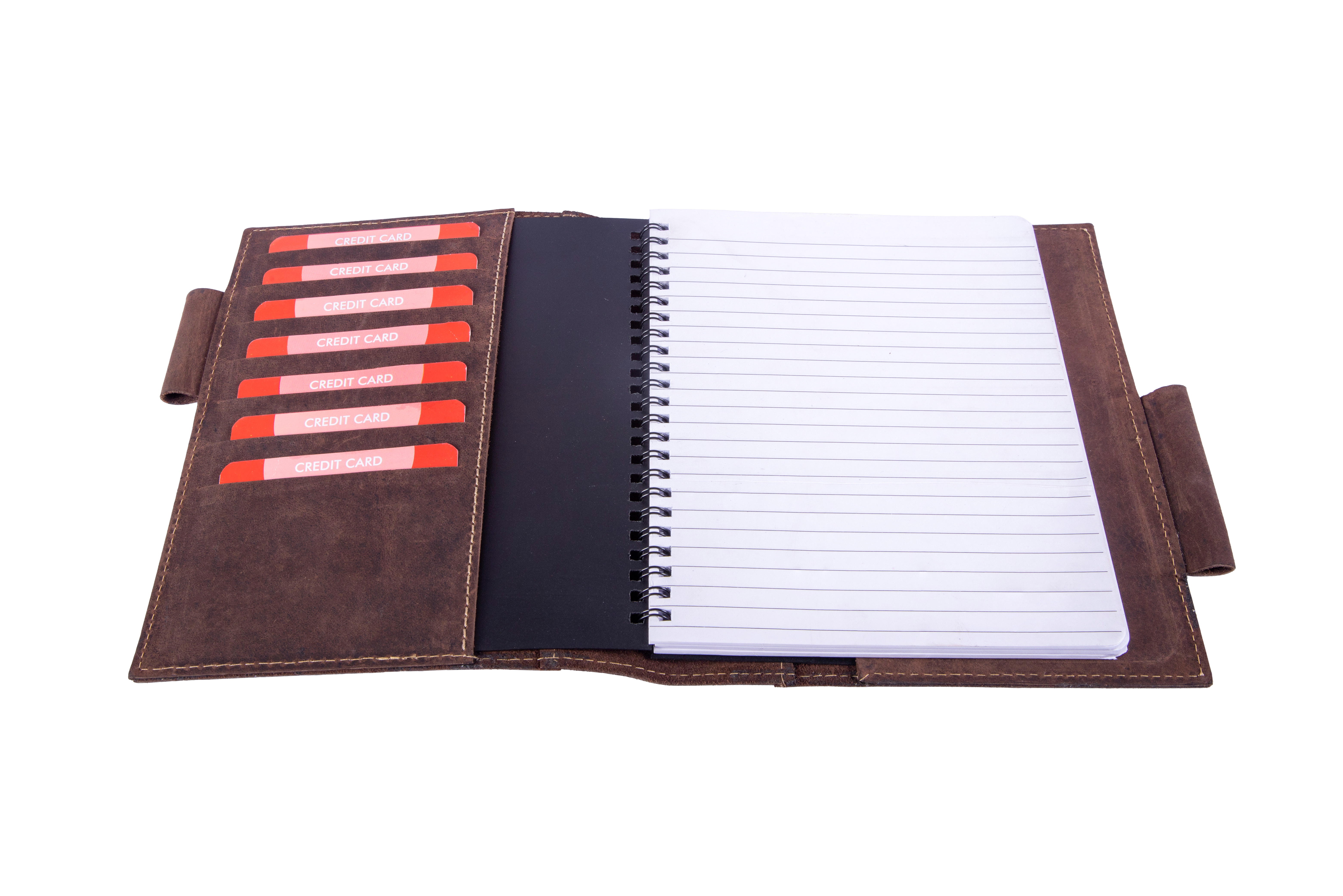 Offene braune Lederbrieftasche mit Kreditkartenfächern, Notizblock und liniertes Papier innen.