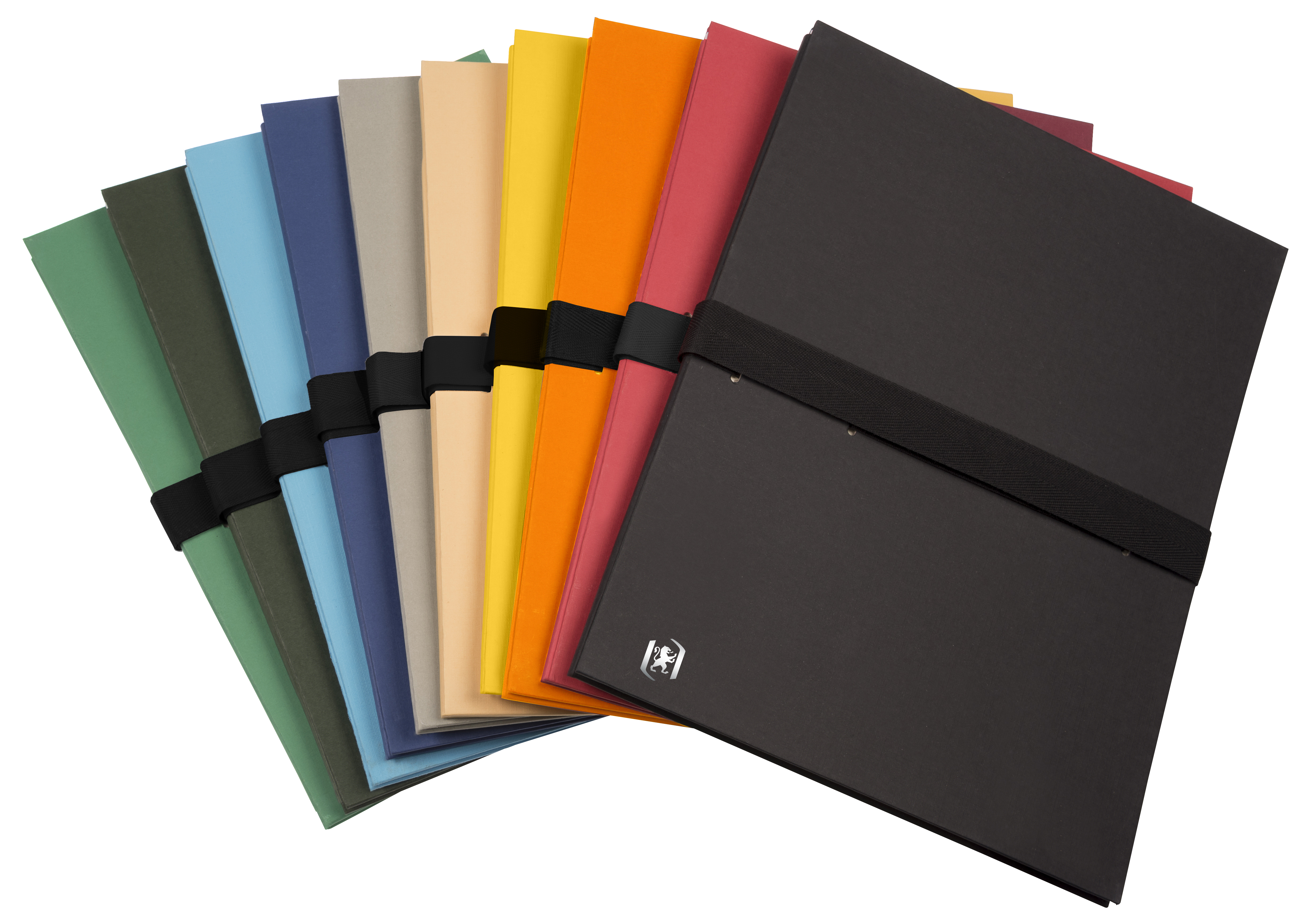 Różne kolorowe teczki z czarnymi gumkami. Każda teczka ma inny kolor.