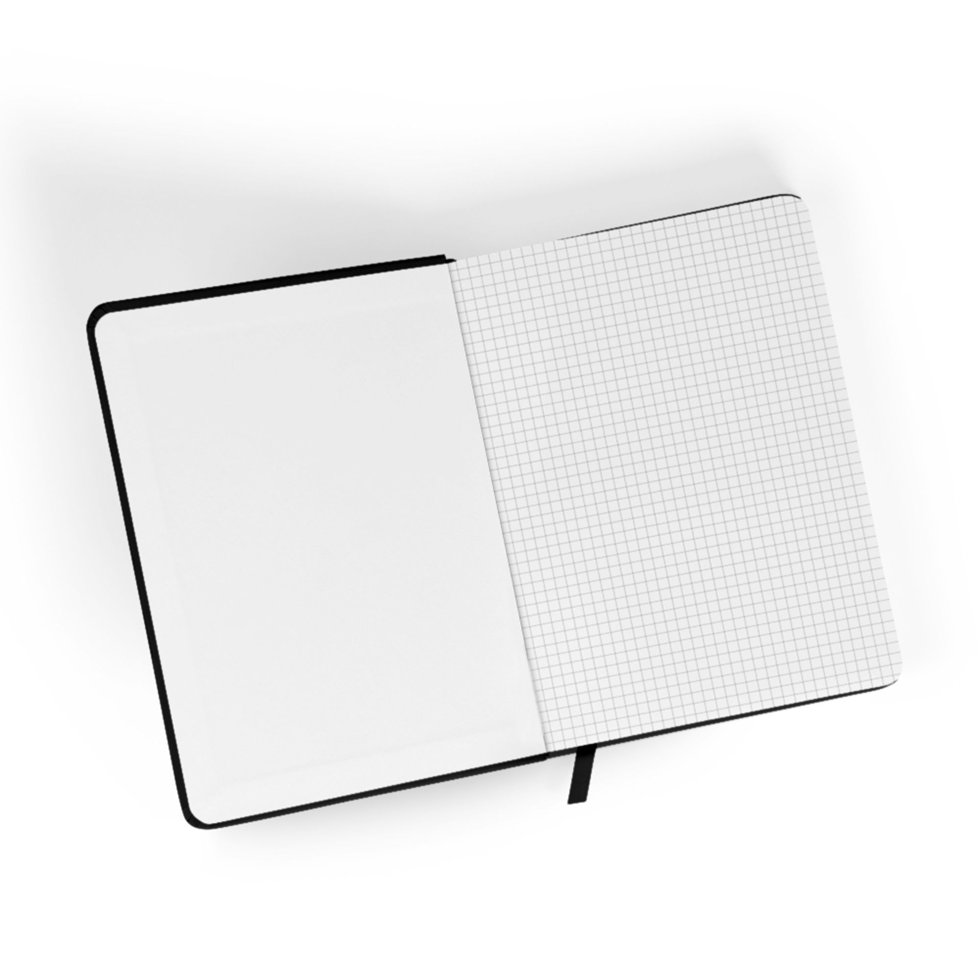 Otwarty czarny notatnik z wzorem kraty na prawej stronie i pustą stroną po lewej stronie. Obecna czarna wstążka.