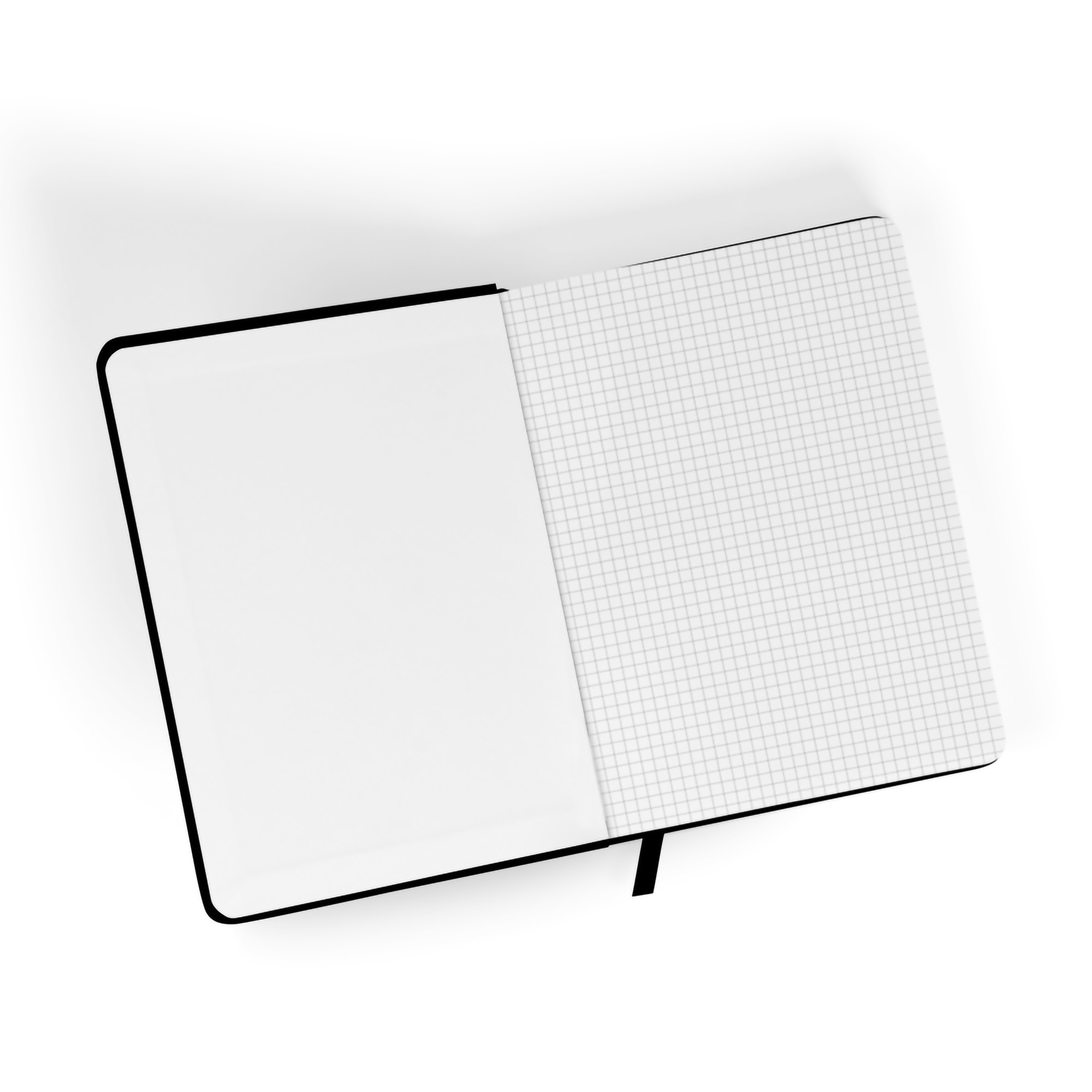 Otwarty notatnik z kratką na prawej stronie, pusty na lewej, czarna okładka i oprawa.