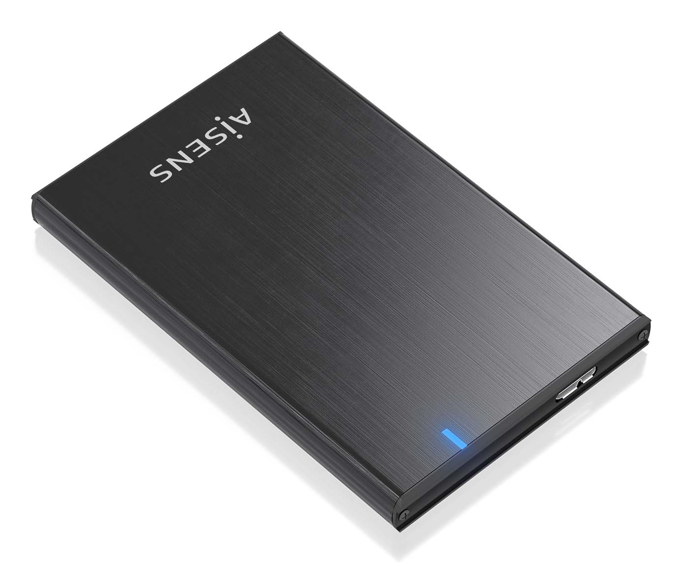 Hard disk esterno nero con testo argento 'Aisens' e luce blu. Isolato su sfondo bianco.