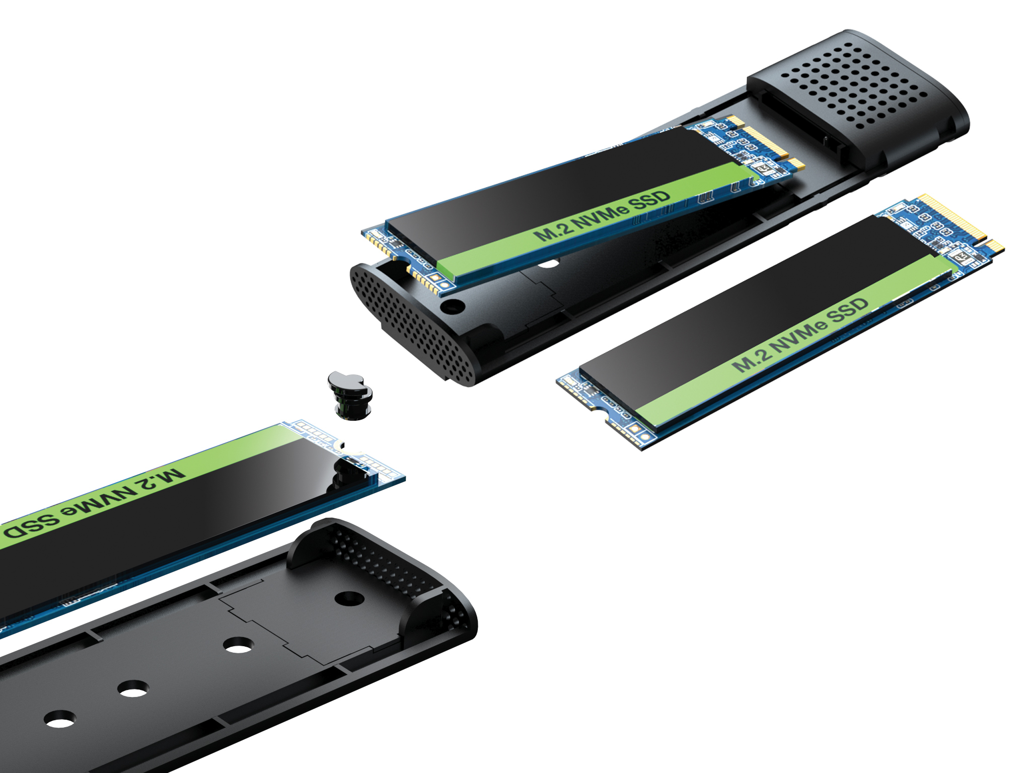 Custodia nera smontata per SSD M.2 NVMe con due SSD, che mostra i componenti interni.