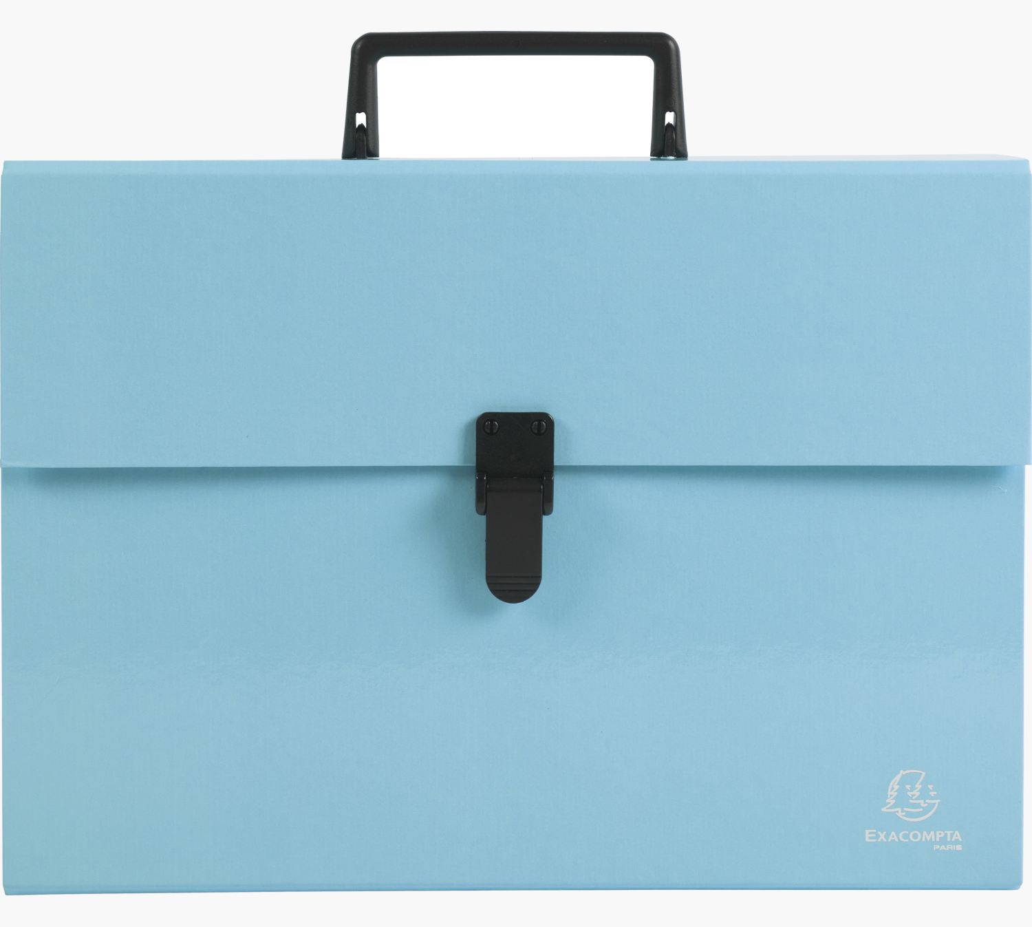 Jasnoniebieska teczka z czarnym uchwytem i zatrzaskiem. Widoczna jest marka EXACOMPTA.