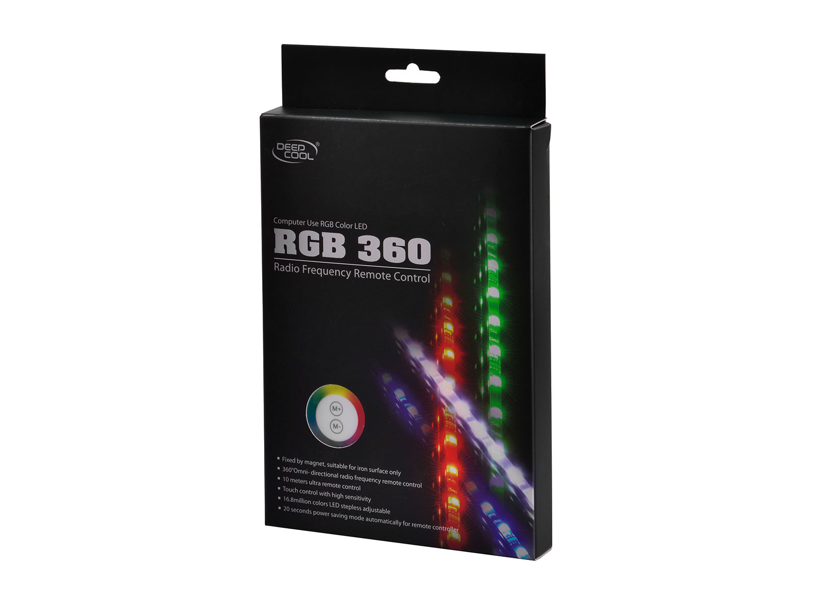 Ürün detayları ve LED şeridin bir resmi bulunan RGB 360 LED ışık şeridi kutusu.