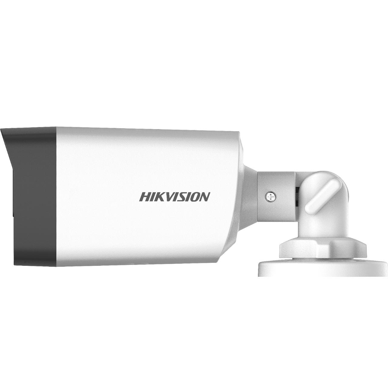A white and gray Hikvision security camera mounted on a white bracket.