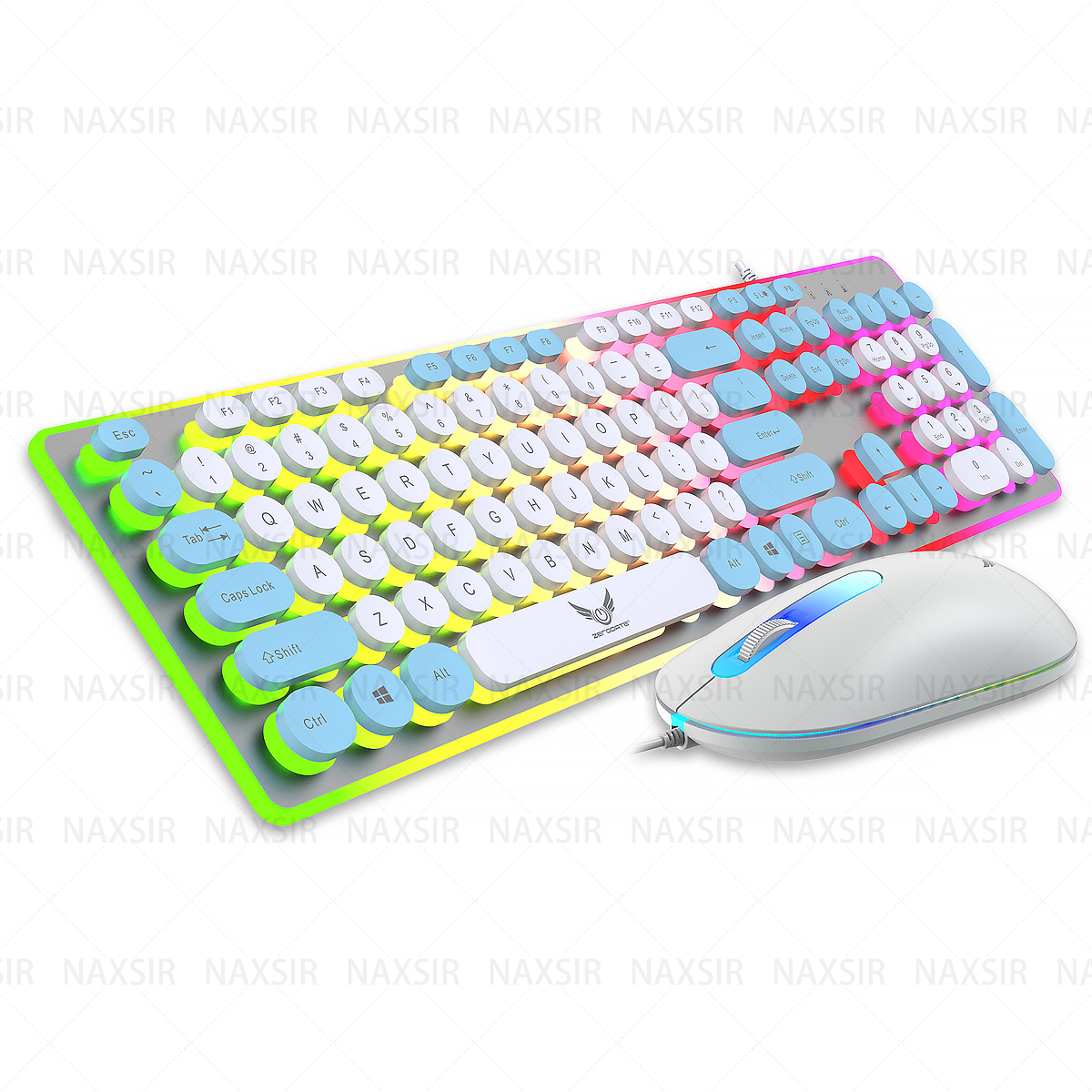 Tastatur und Maus im Retro-Stil. Tastatur hat runde Tasten, Regenbogenfarben, weiße Maus.