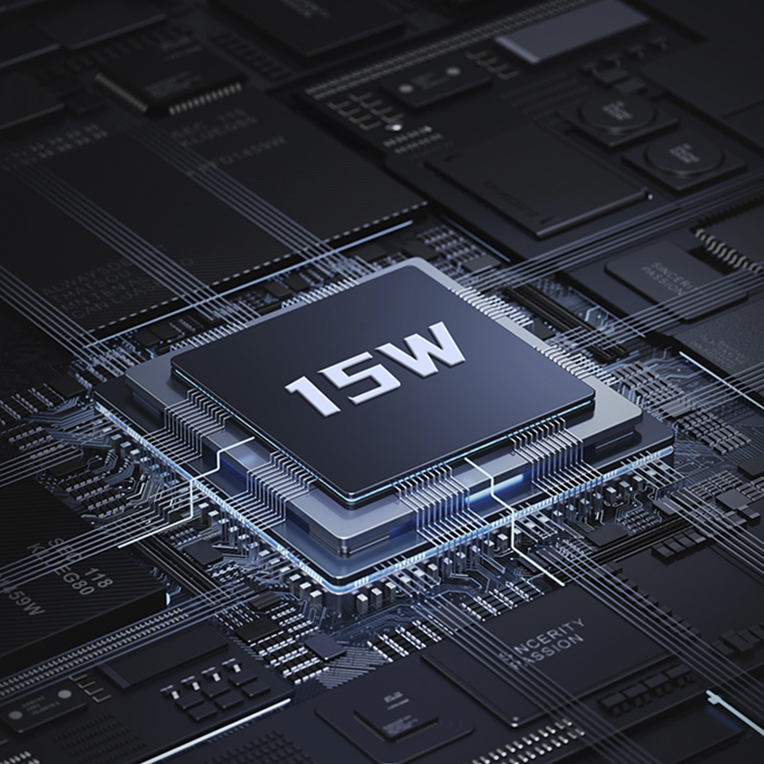 Primer plano de un chip de computadora con etiqueta de 15W. Fondo oscuro.