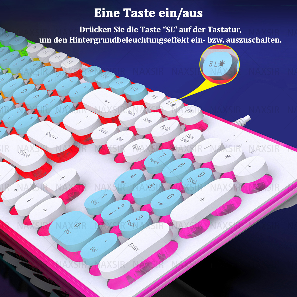 Nahaufnahme einer Tastatur im Retro-Stil mit farbigen Tasten. Text auf Deutsch.