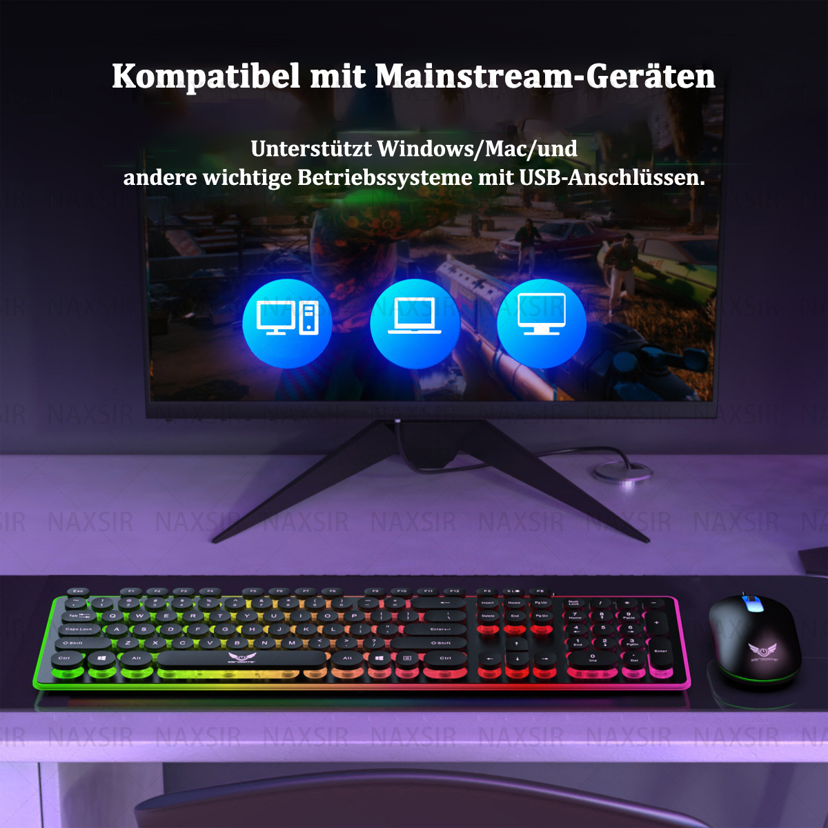 Tastatur, Maus und Monitor-Setup mit farbenfroher Beleuchtung. Der Monitor zeigt eine Spielszene.