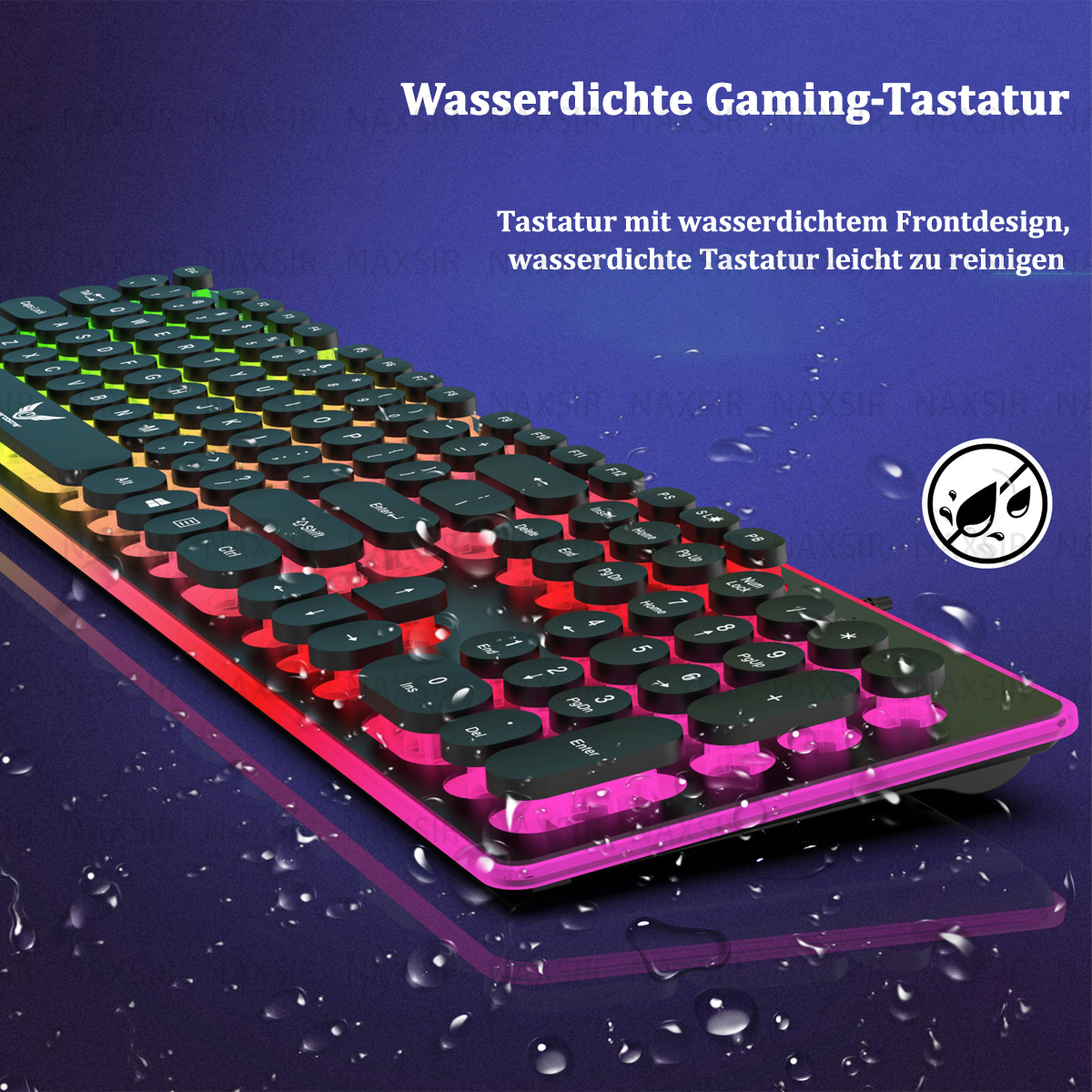 Farbenfrohe Gaming-Tastatur mit Wassertropfen. Die Tastatur leuchtet in mehreren Farben.