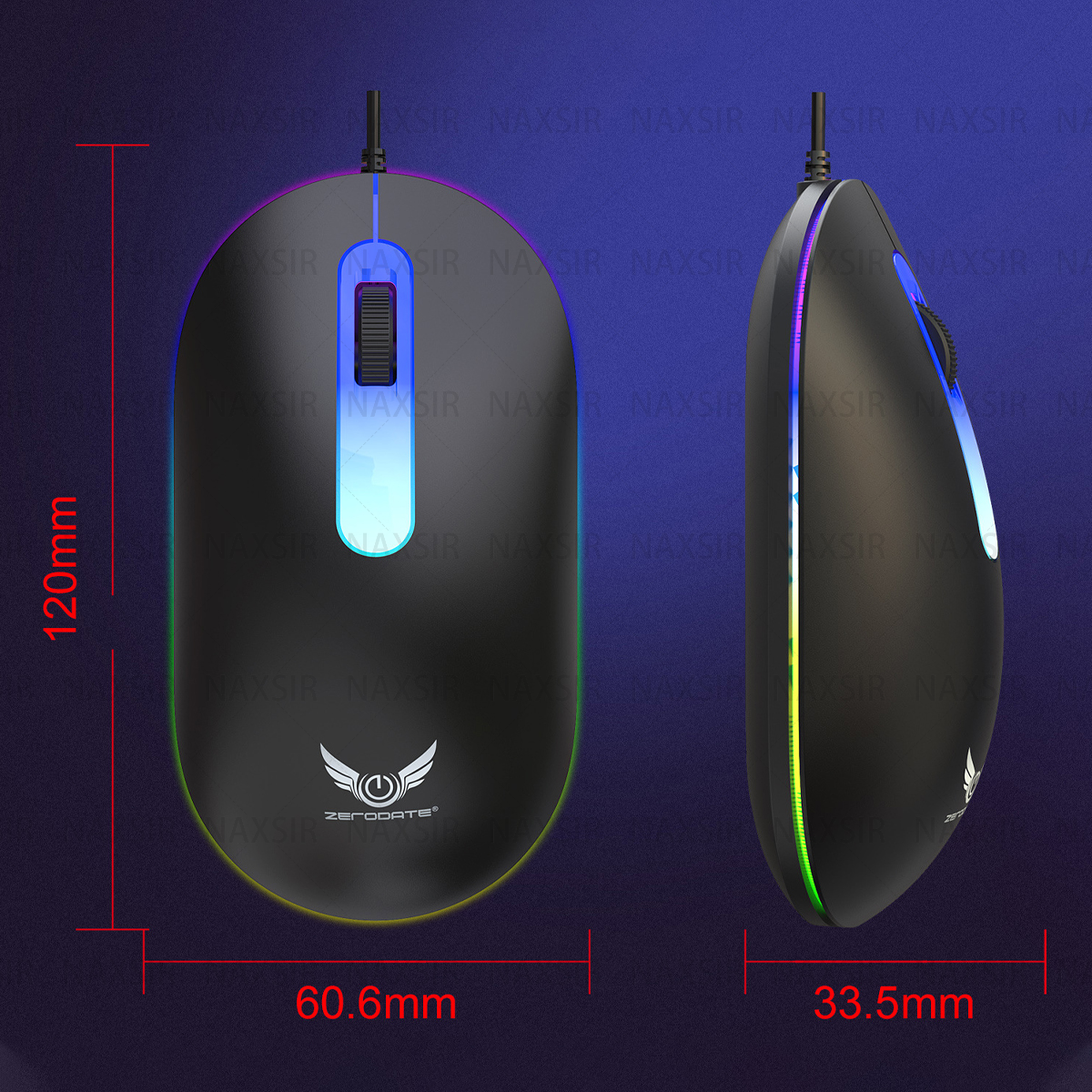 Schwarze Gaming-Maus mit LED-Lichtern. Abmessungen in mm. Die Maus hat ein Logo.
