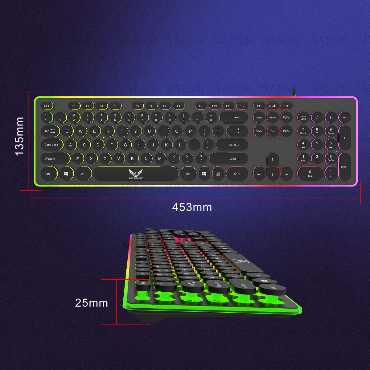 Tastatur mit farbigen Tasten. Abmessungen: 453 mm x 135 mm x 25 mm.