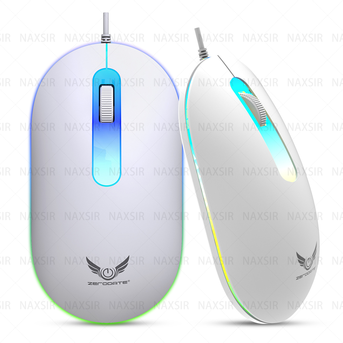 Zwei weiße Gaming-Mäuse. Eine abgewinkelt, die andere direkt. Beide haben Logo und LED-Lichter.