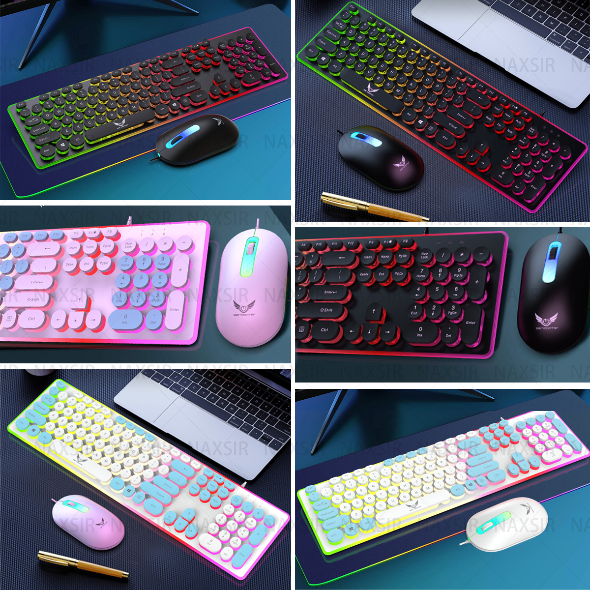 Sammlung von Tastatur- und Maussets. Verschiedene Farben und Designs werden gezeigt.