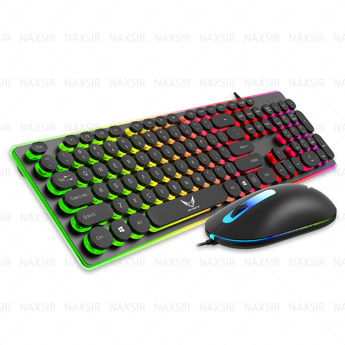RGB-Tastatur und -Maus-Set. Die Tastatur hat runde Tasten. Die Maus ist schwarz und hat einen farbigen Lichtrand.