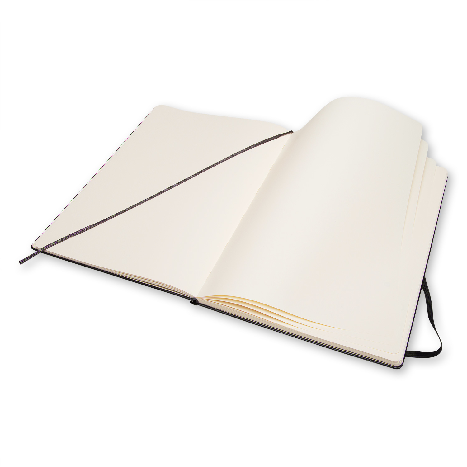 Otwarty dziennik z pustymi stronami, czarną wstążką i białym tłem.