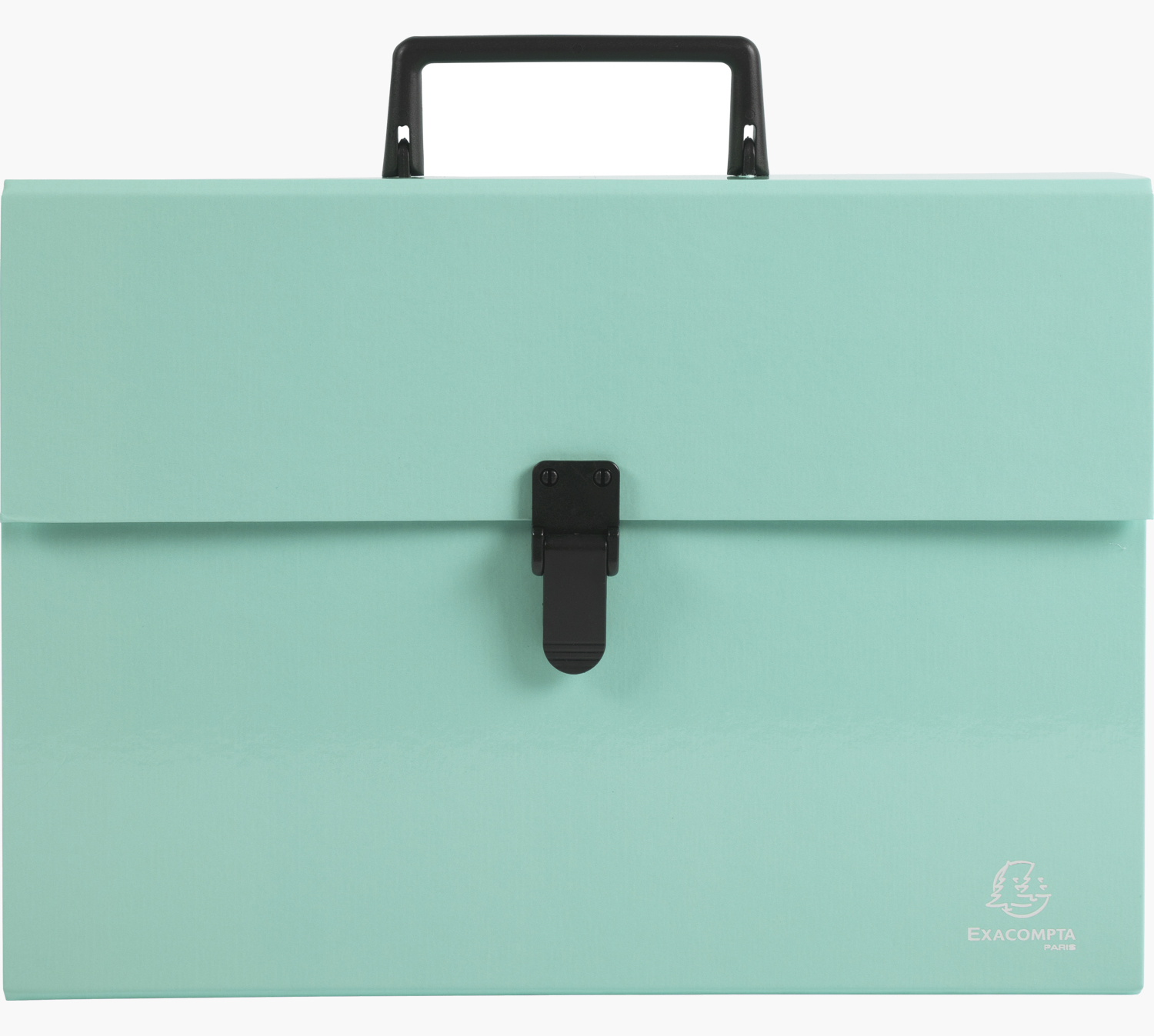 Jasnozielona teczka z czarnym uchwytem i zatrzaskiem na białym tle.
