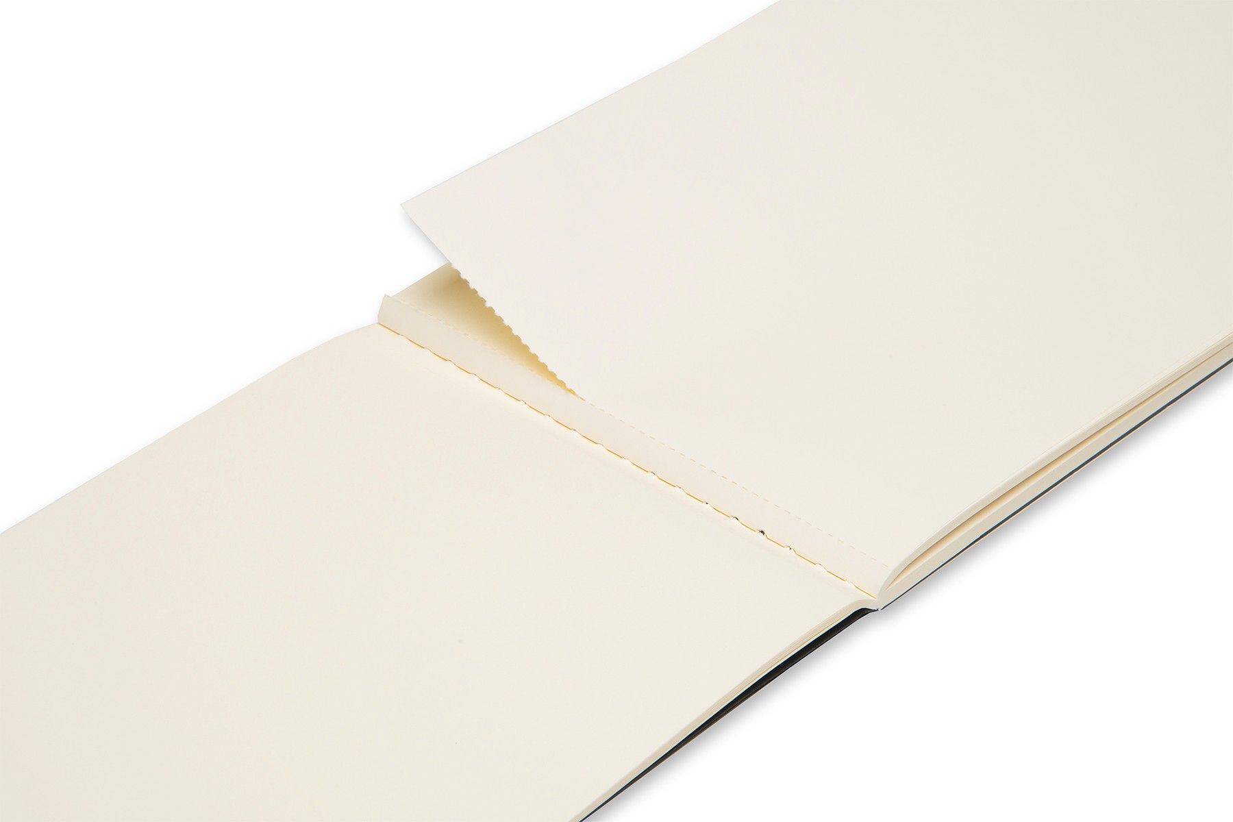 Otwarty szkicownik, pokazujący wewnętrzne strony. Strony są kremowe i zszyte.