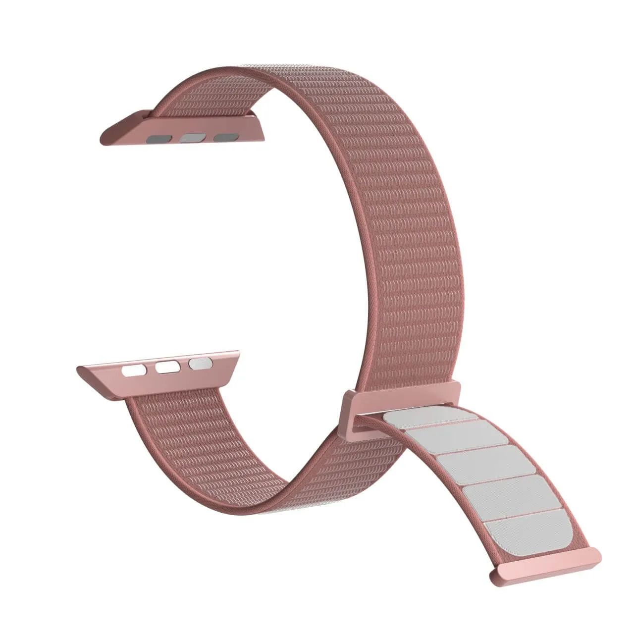 Różowy pasek do Apple Watch. Wykonany jest z tkaniny i ma zapięcie na rzep.