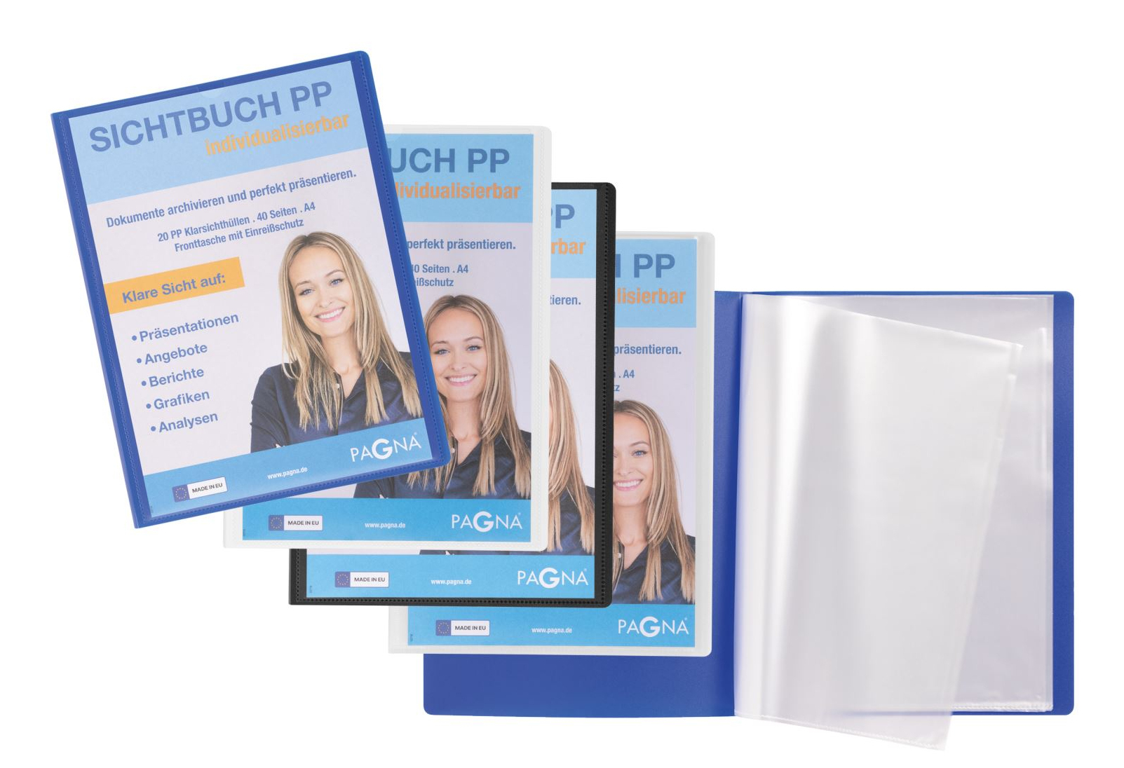 Wiele teczek na dokumenty. Niektóre otwarte, niektóre zamknięte. Kobieta na okładce.