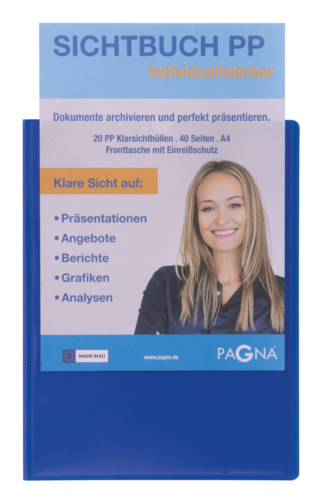 Niebieska teczka na dokumenty ze zdjęciem kobiety i tekstem na okładce.