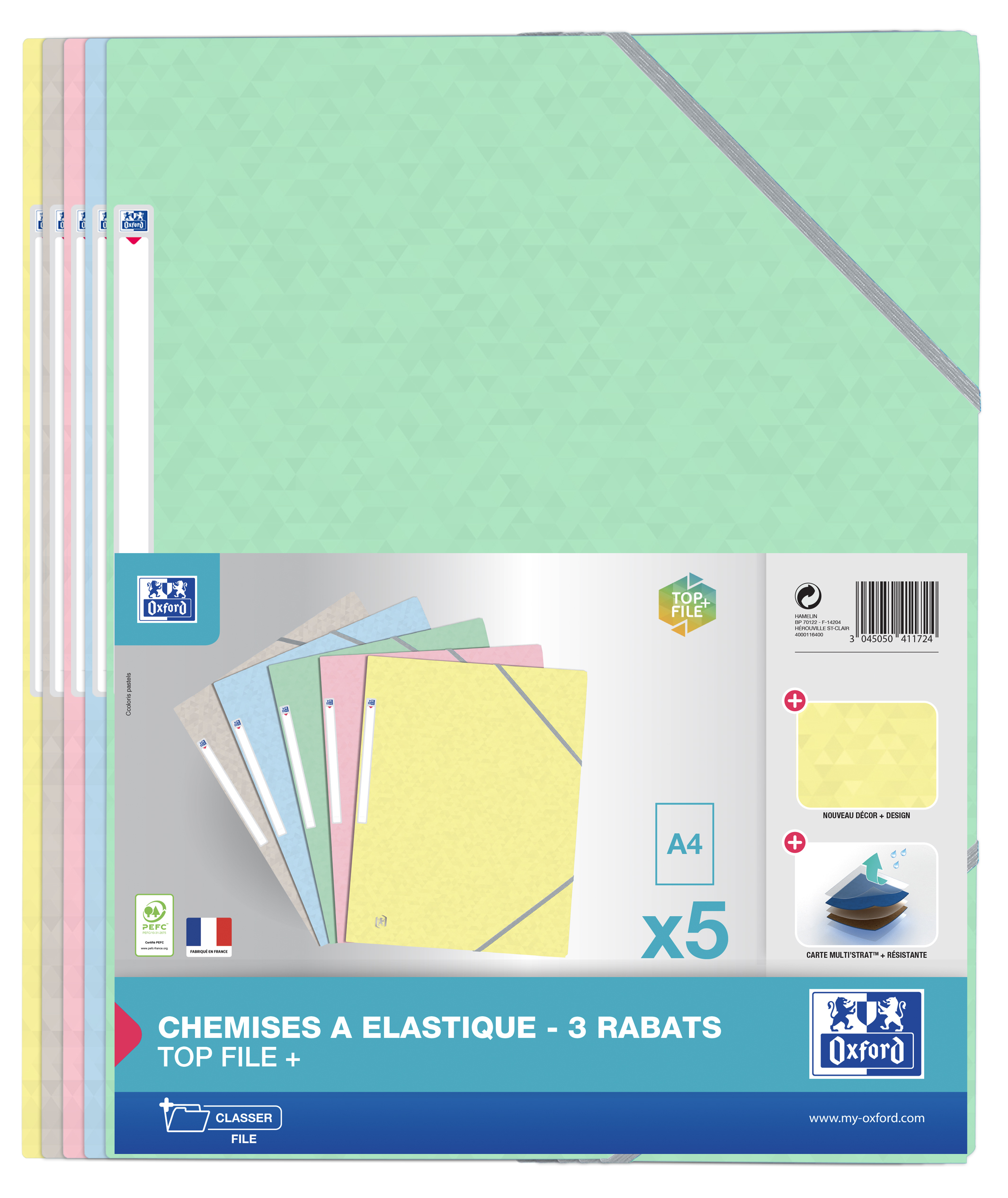 Zestaw teczek A4. Kolory: żółty, różowy, zielony i niebieski. Białe tło.