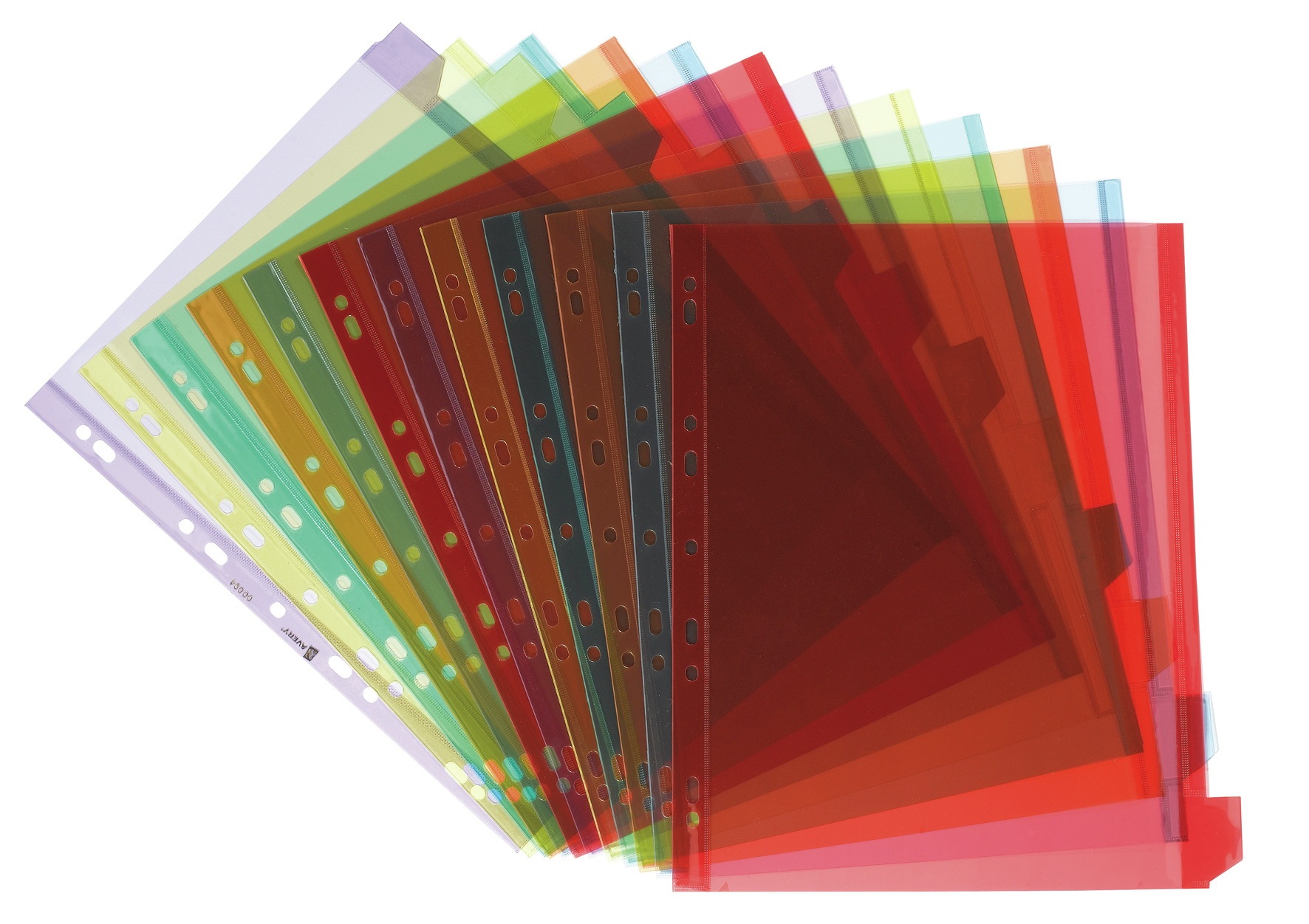 Wachlarz kolorowych plastikowych przegród do plików z zakładkami. Różne kolory, przezroczyste.