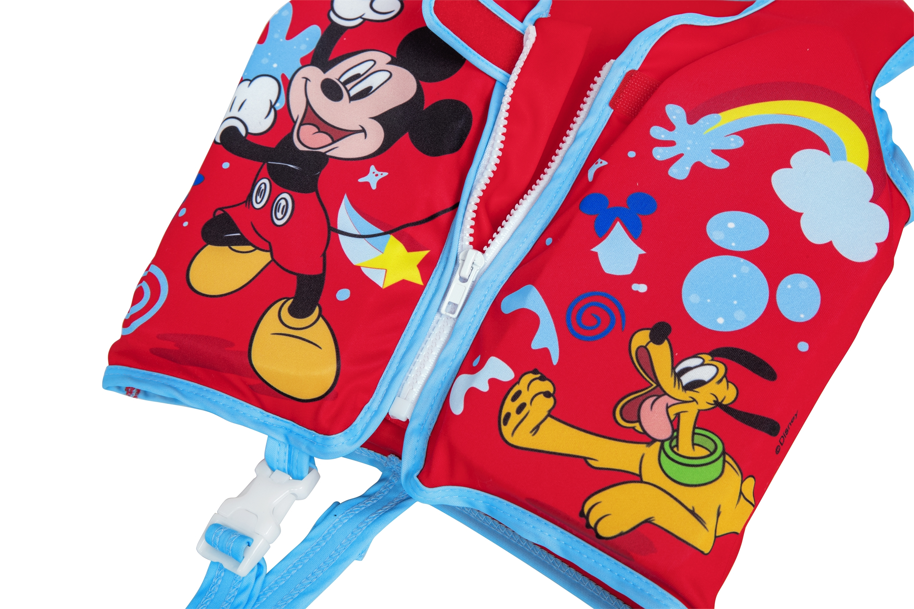 Czerwona kamizelka do pływania z Myszka Miki i Pluto. Ma biały zamek i niebieskie krawędzie.