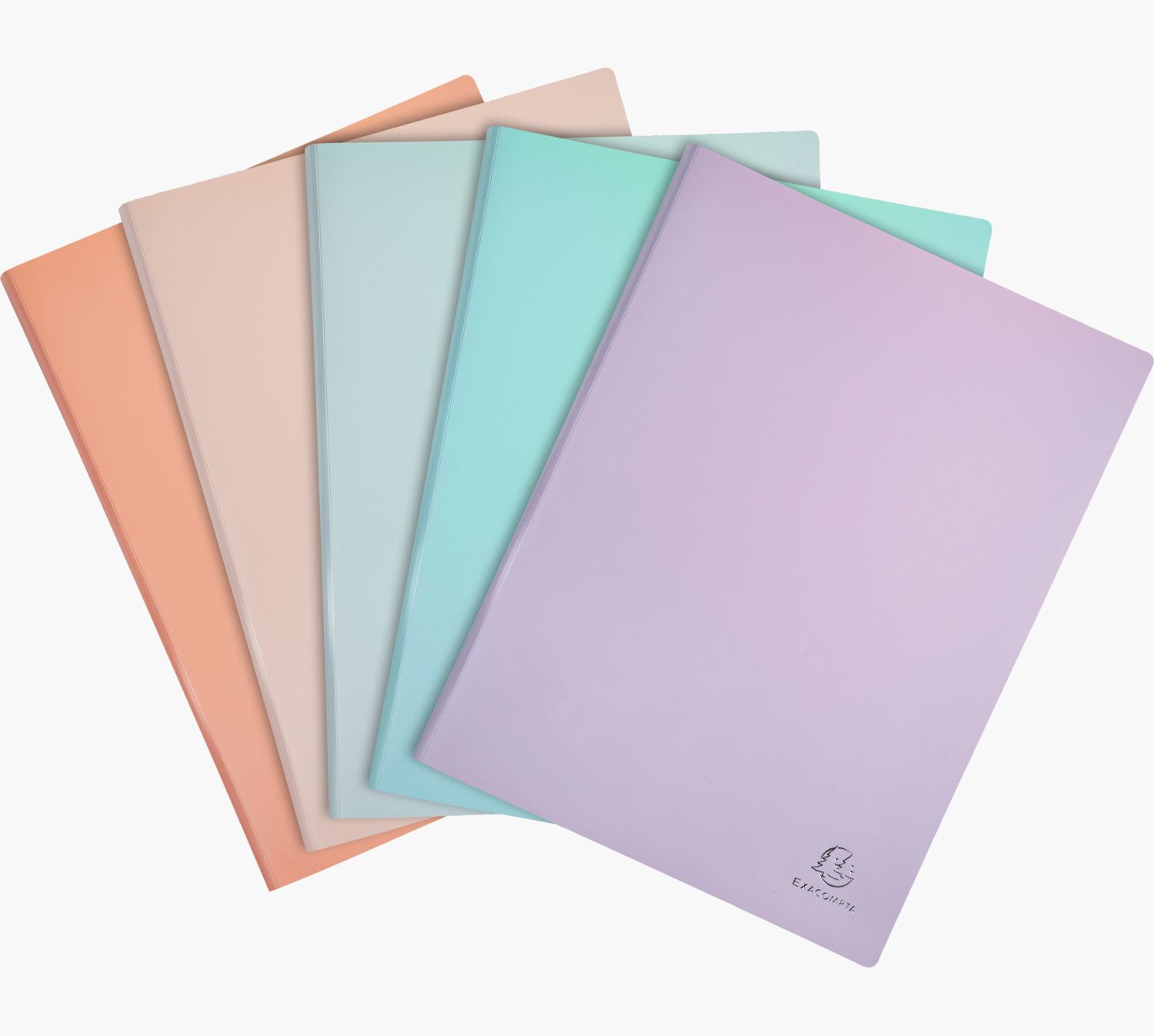 Pięć plastikowych teczek na dokumenty w pastelowych kolorach: brzoskwiniowym, beżowym, jasnoniebieskim, morskim i fioletowym.