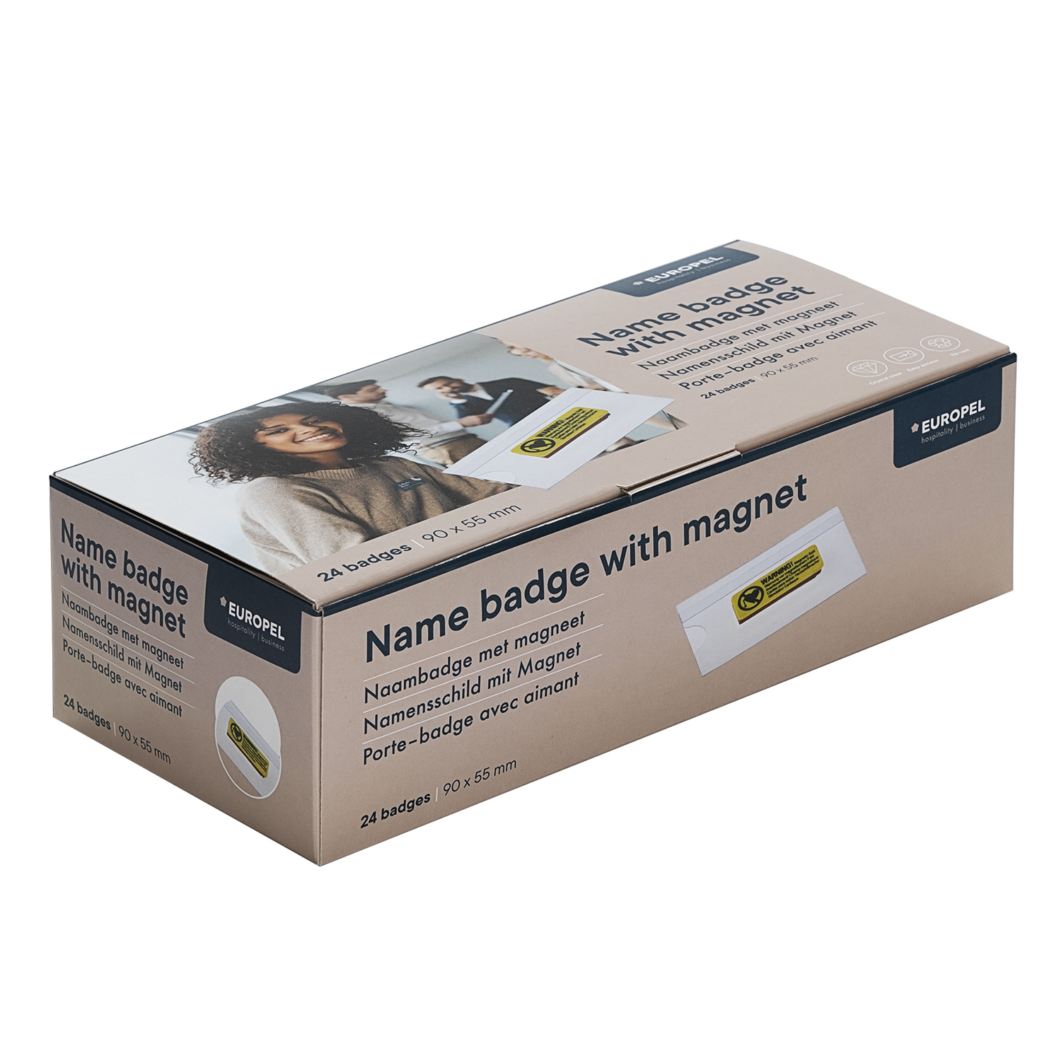 Pudełko z identyfikatorami z napisem 'Name badge with magnet' w wielu językach.