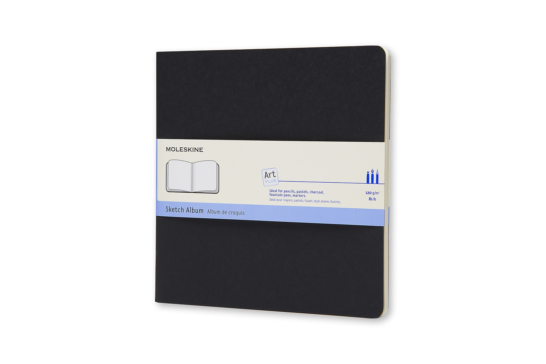 Ein schwarzes Moleskine-Skizzenbuch mit blauem Band. Auf der Vorderseite befindet sich ein Etikett.