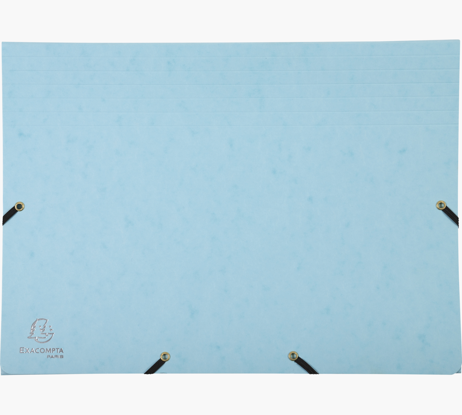 Jasnoniebieska teczka z czarnymi gumkami i złotymi oczkami. Logo EXACOMPTA PARIS.