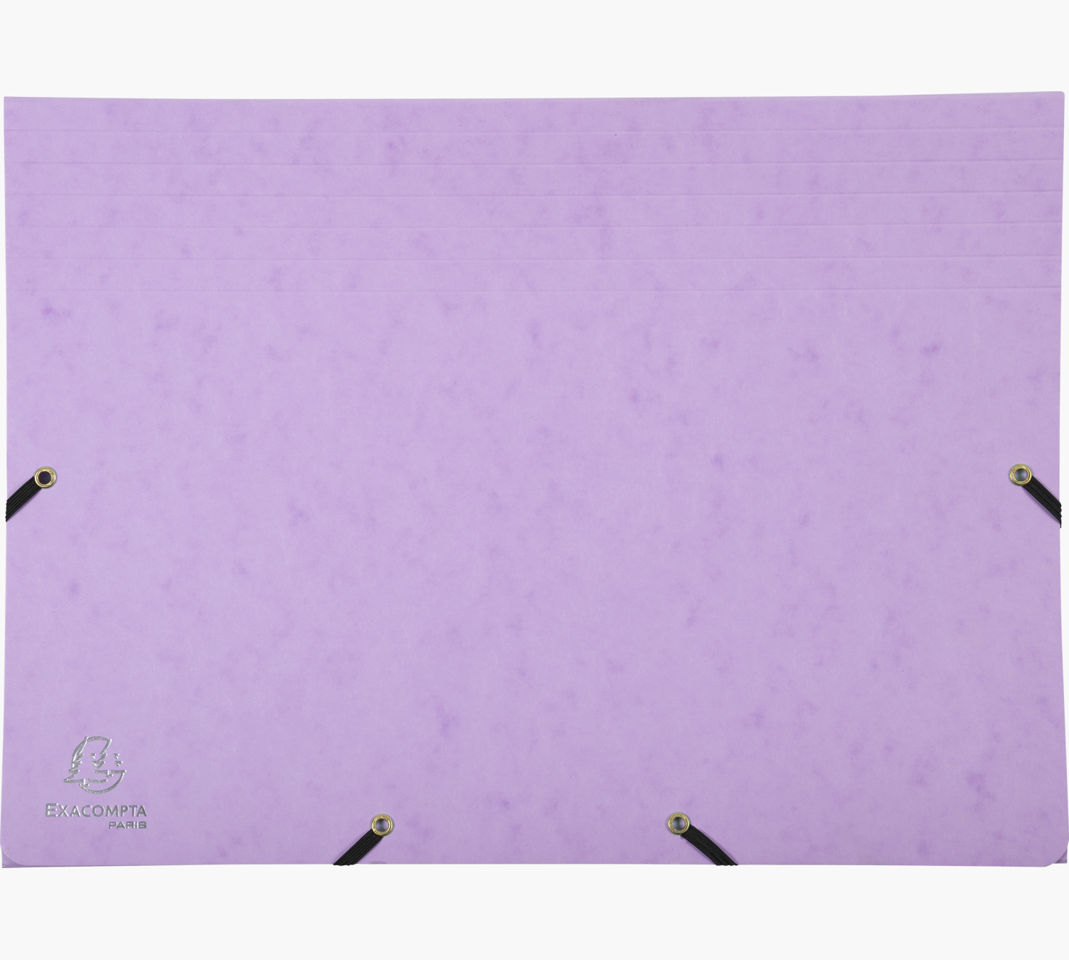 Fioletowa teczka z czarnymi gumkami i złotymi oczkami. Logo EXACOMPTA PARIS.