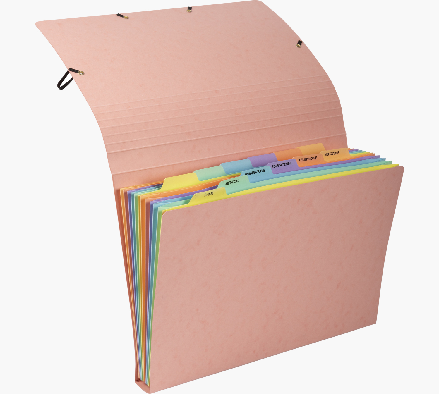 Otwarta rozszerzana teczka z kolorowymi przegrodami i etykietami.