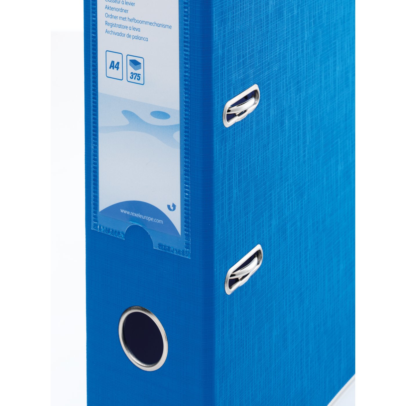 Niebieski segregator dźwigniowy z metalowym uchwytem i etykietą, tekst: Rexel Europe, A4, 375.