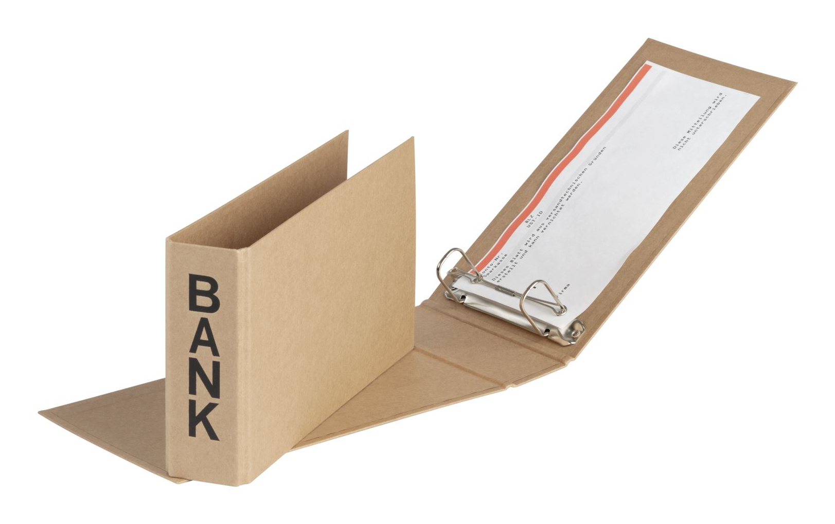 Brązowy segregator z tektury z napisem 'BANK' na grzbiecie, otwarty, aby odsłonić białą kartkę w środku.