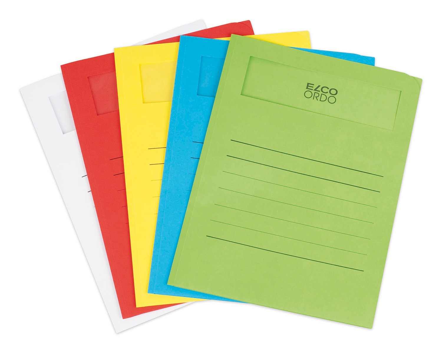 Cztery kolorowe teczki: biała, czerwona, żółta i zielona, z liniami.