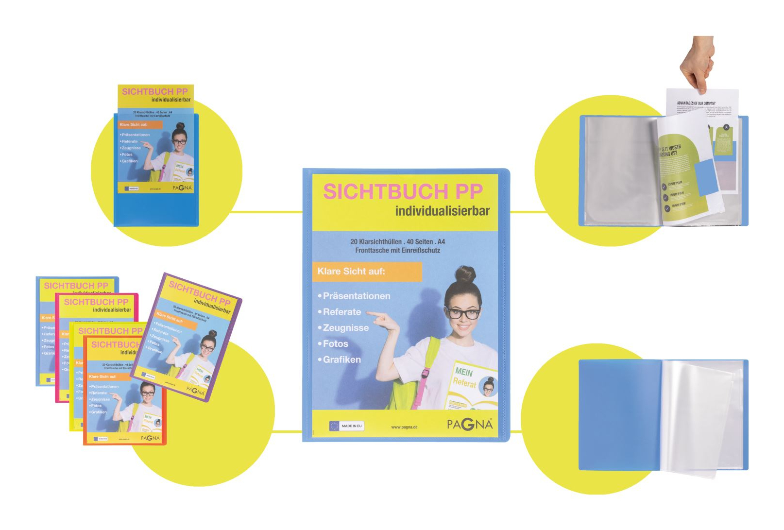 Wiele widoków niebieskiej teczki prezentacyjnej z kobietą i tekstem.