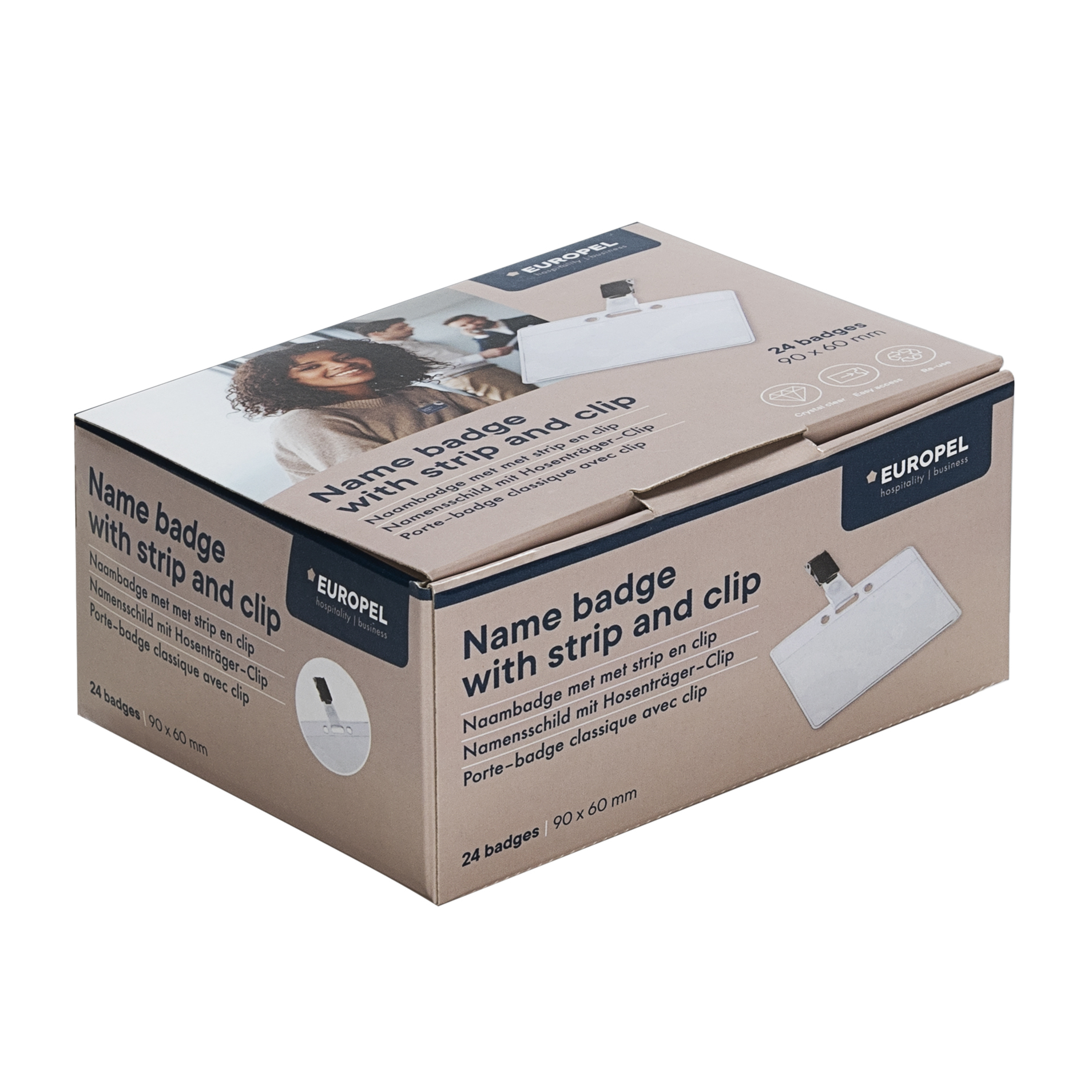 Pudełko z identyfikatorami z paskiem i klipsem, ze zdjęciem kobiety.