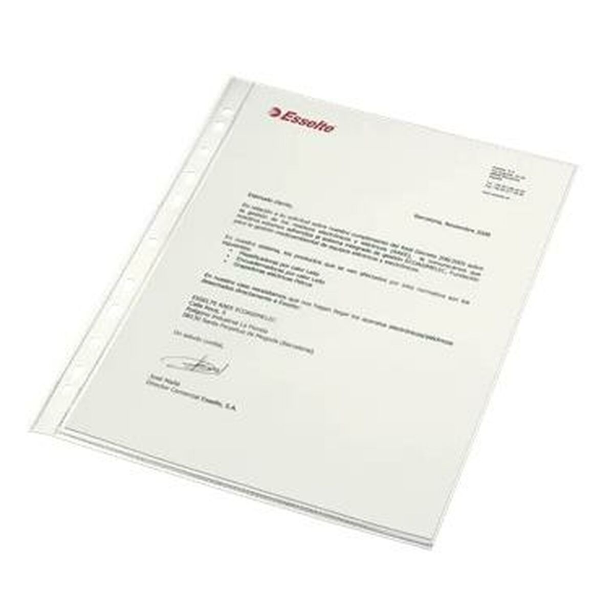 Przezroczysty uchwyt na dokumenty z dokumentem w środku i logo Esselte.