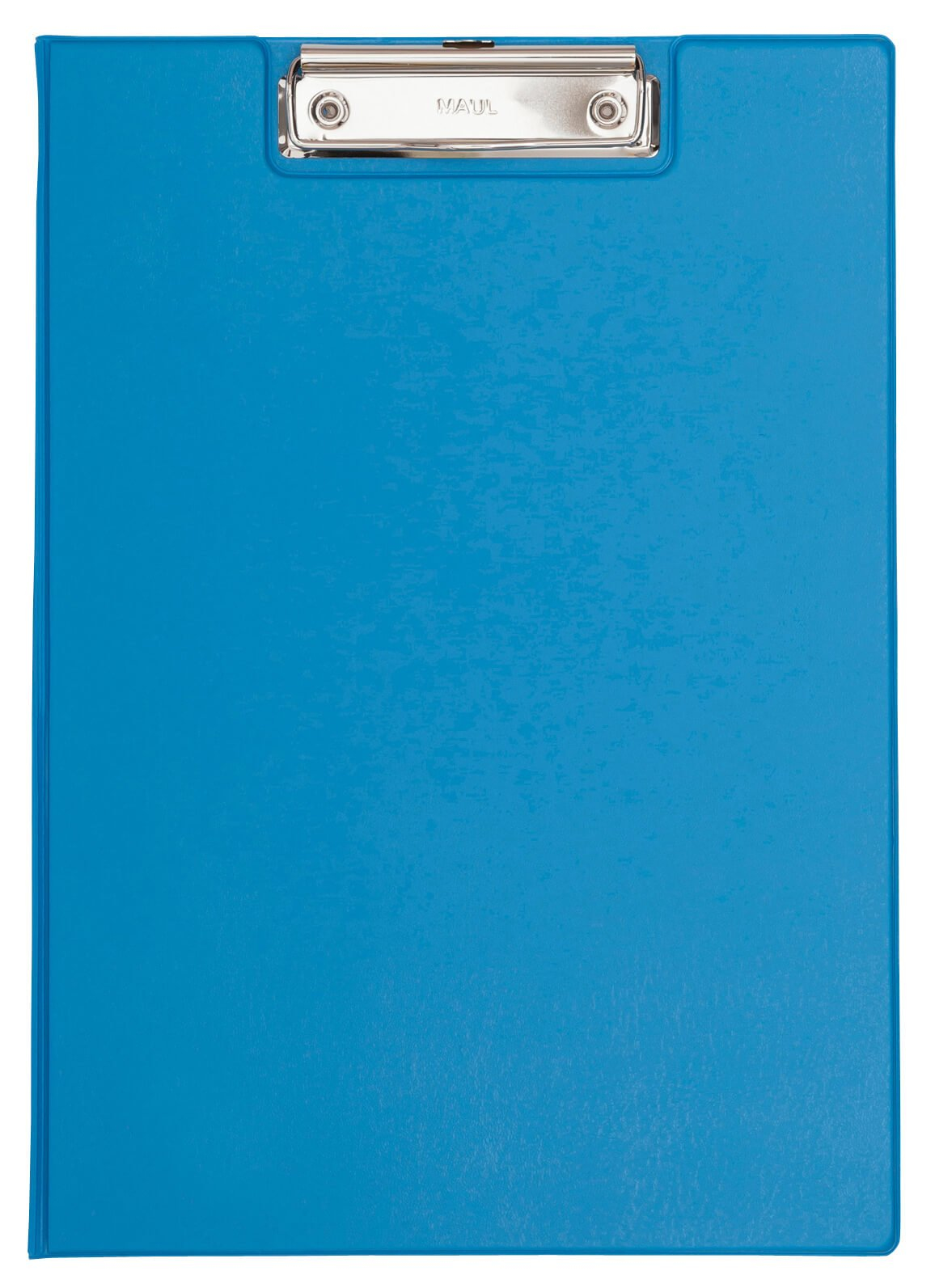 Niebieska podkładka z klipsem. Białe tło.