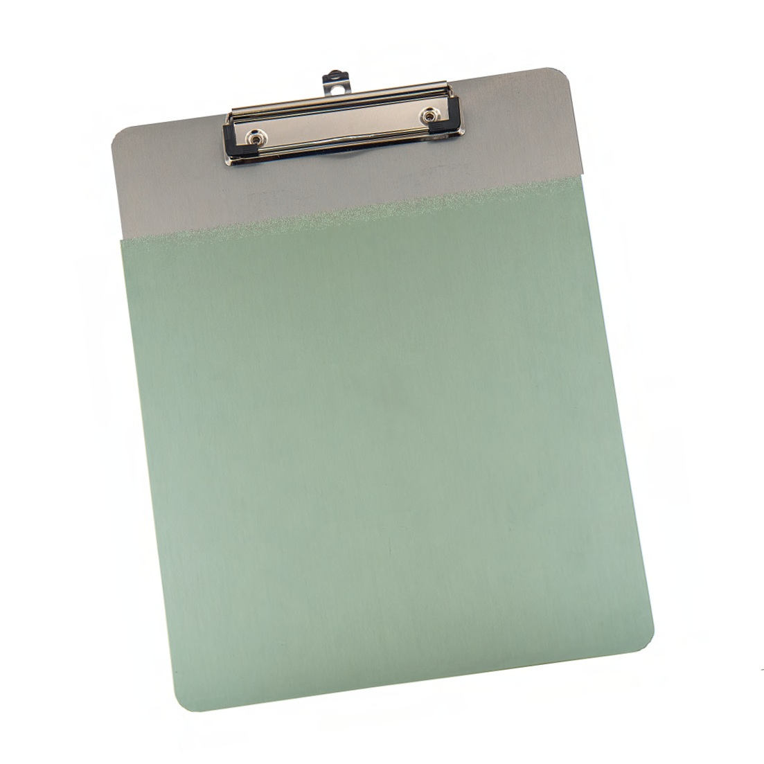 Zielona podkładka z klipsem w kolorze srebrnym. Zielony i srebrny. Białe tło.