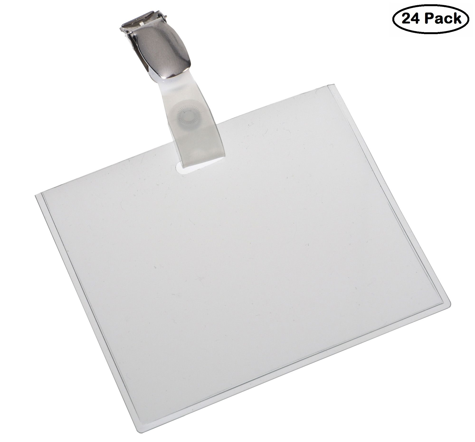 Przezroczysta plastikowa odznaka z metalowym klipsem. Odznaka ma białą etykietę i jest w opakowaniu 24 szt.