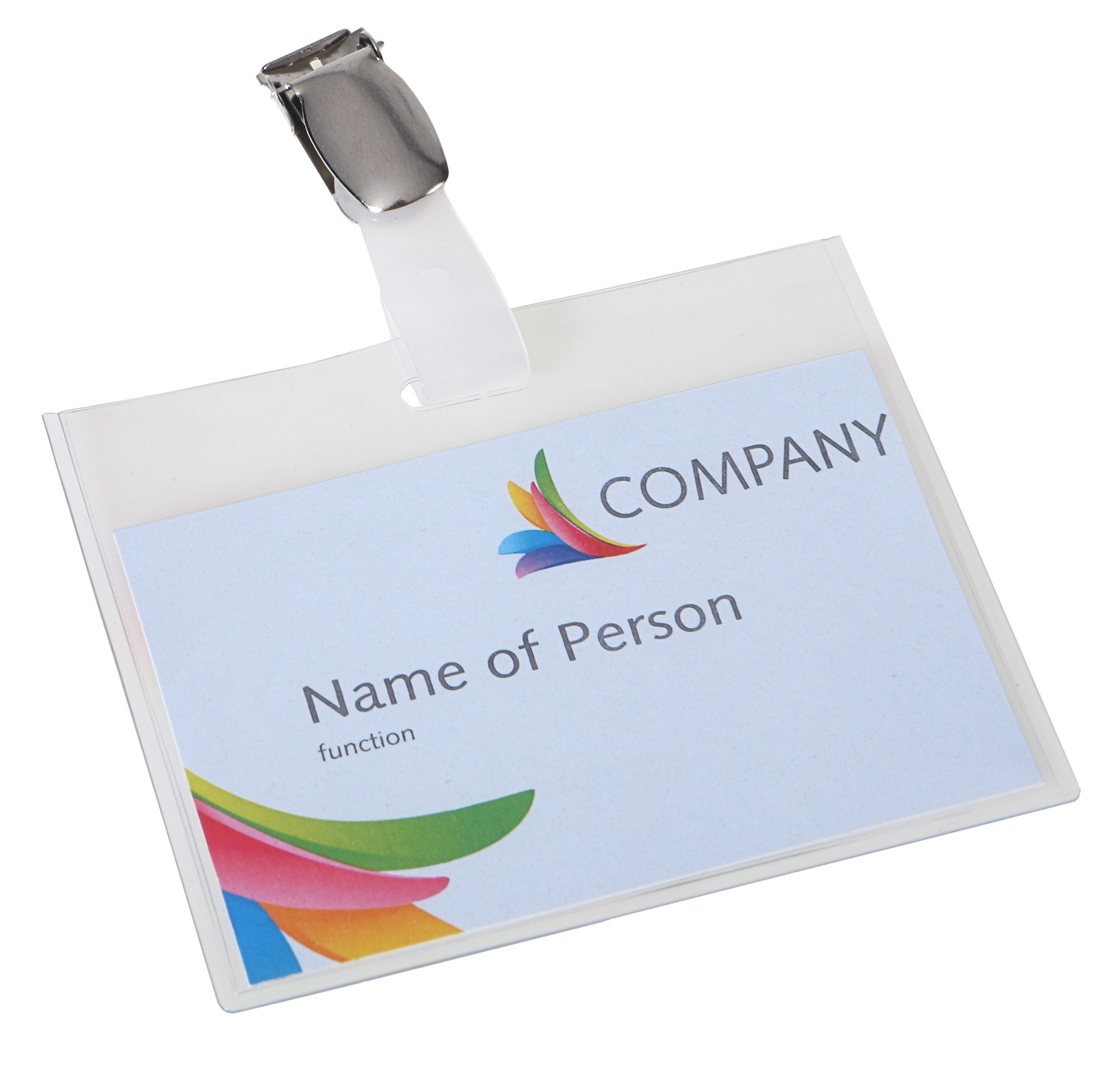 Identyfikator z logo firmy. Odznaka ma tabliczkę z nazwiskiem i metalowy klips na górze.