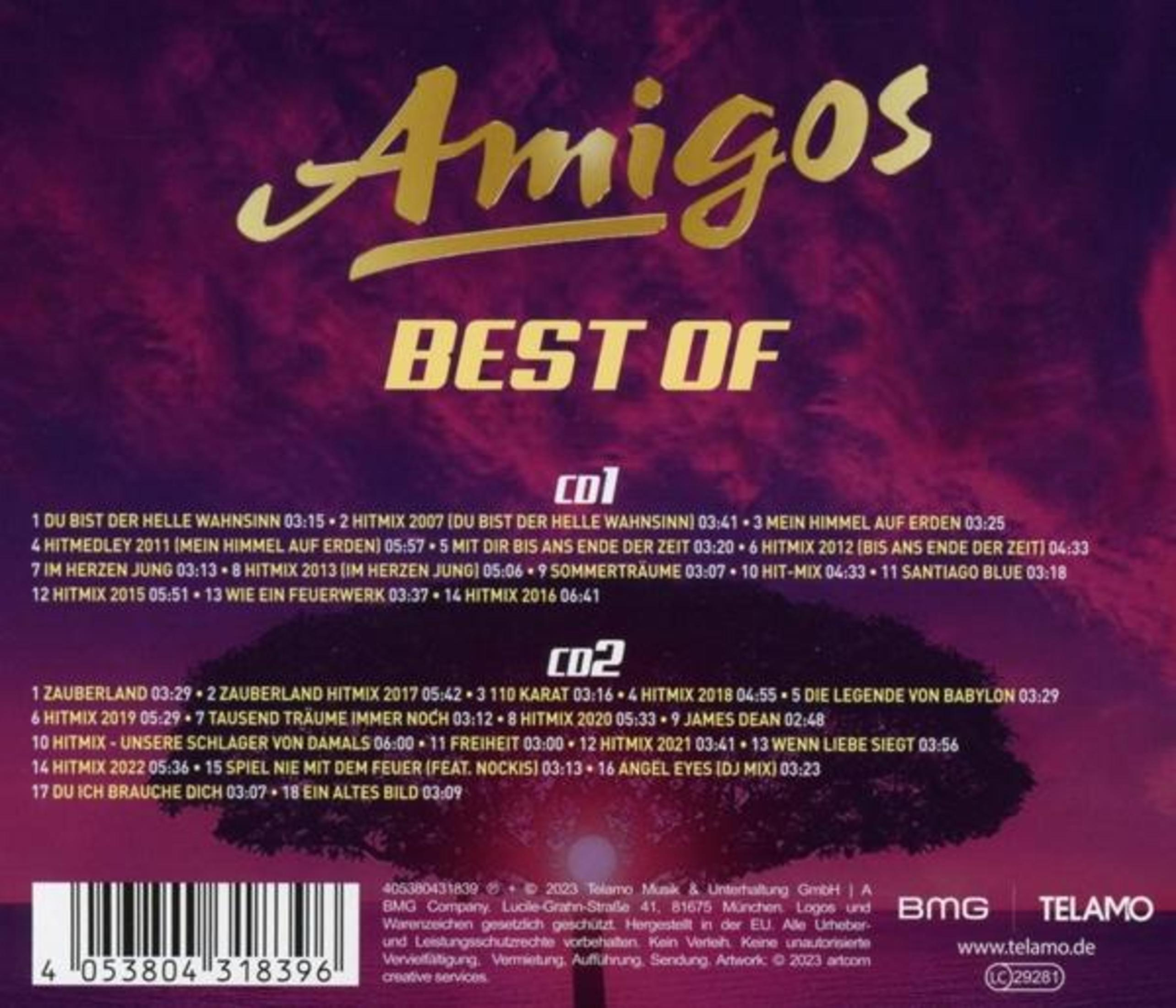 CD-Hülle mit goldenem Amigos-Titel. Listet Songtitel auf. BMG- und Telamo-Logos sind vorhanden.